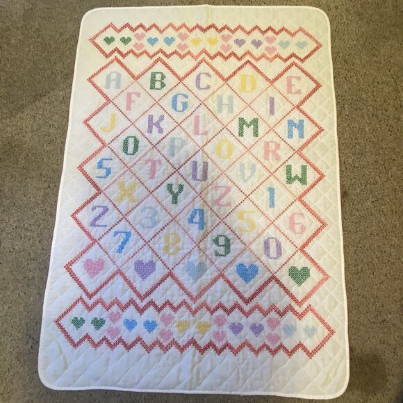 VTG 70s Cross-Stick Baby Quilt Toddler Crib Educational Nursery Blanket 29x40” - Picture 5 of 6
